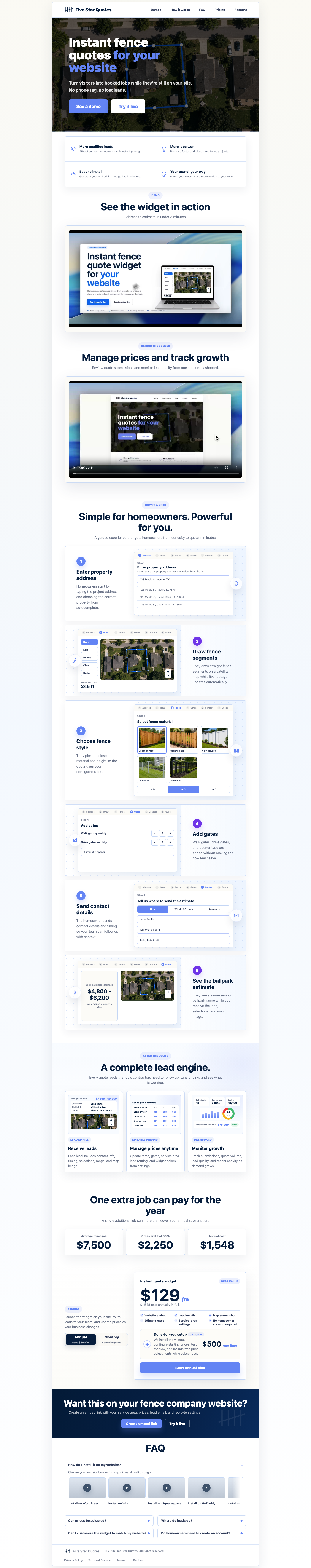 Five Star Quotes landing page showing the fence quote workflow and contractor SaaS product.