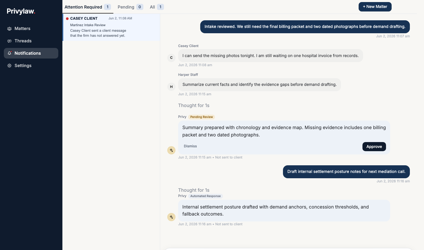 Privylaw review queue showing an AI-generated response pending attorney approval.