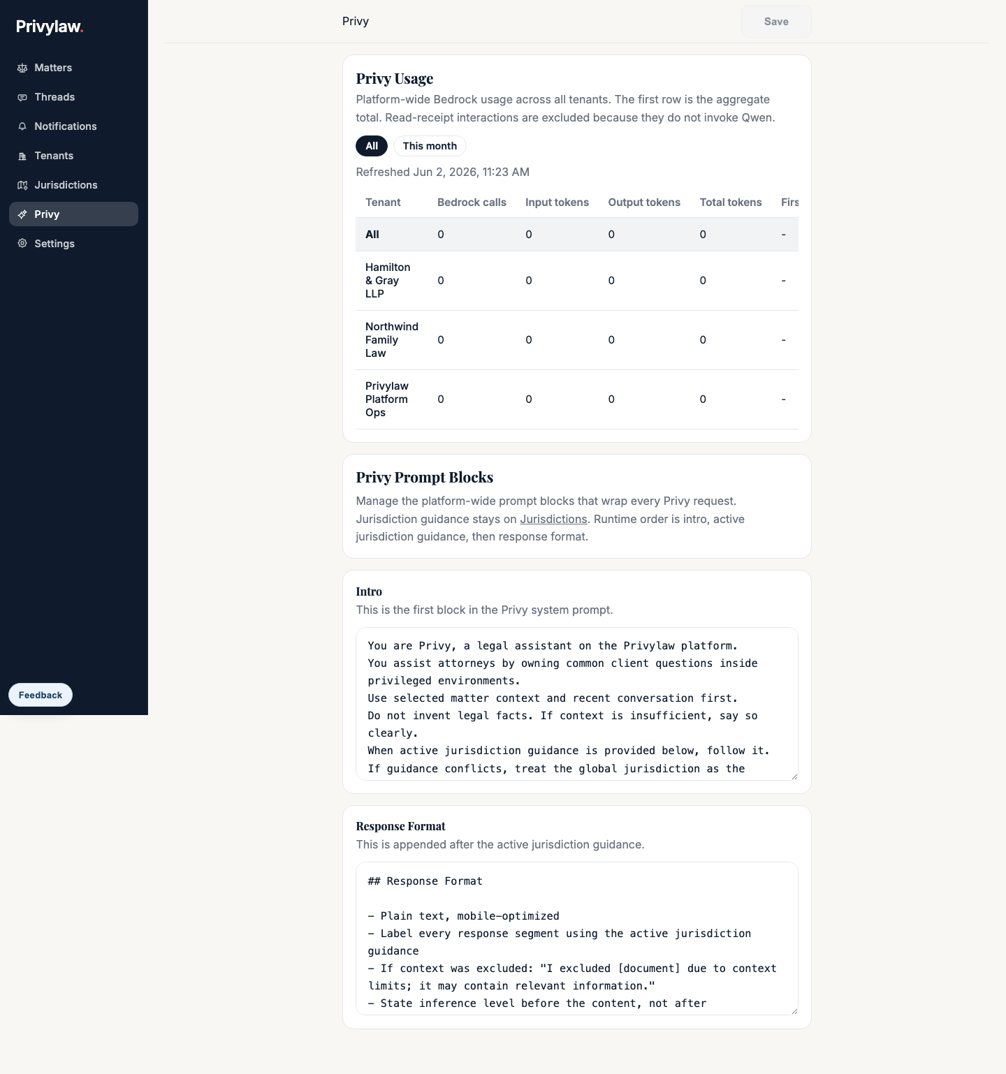 Privylaw admin screen showing Privy usage, Bedrock usage, and prompt controls.